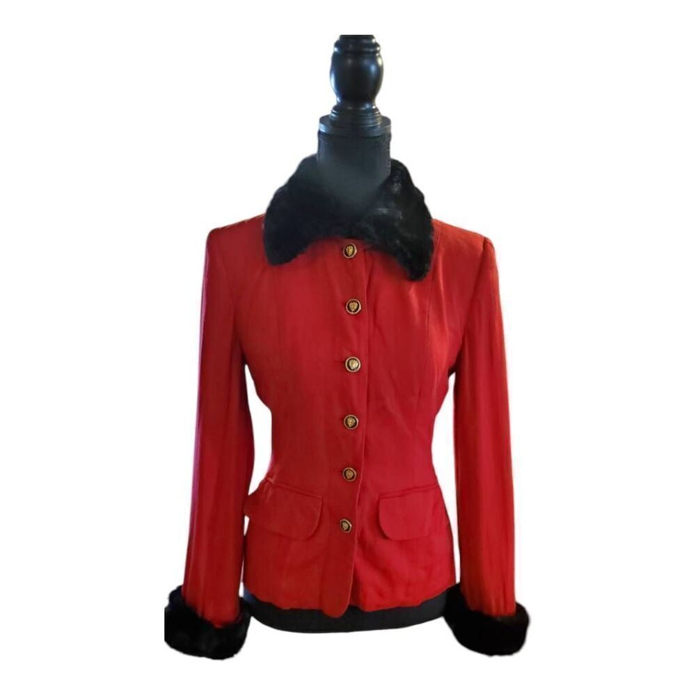 Gallay Vintage Red Blazer Faux Fur‎ Trim Long Sleeve Button Up